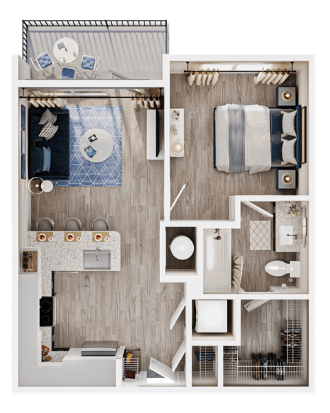 Floor plan for 1 bed, 1 bath, 584 sqft